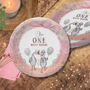 Gekke Gans Family Pink & Bow 1st Verjaardag Papieren Bordje