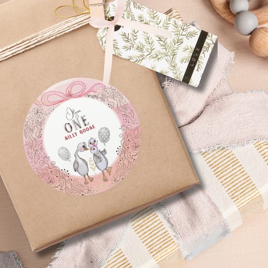 Gekke Gans Family Pink & Bow 1st Verjaardag Ronde Sticker