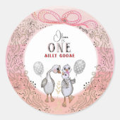 Gekke Gans Family Pink & Bow 1st Verjaardag Ronde Sticker (Voorkant)