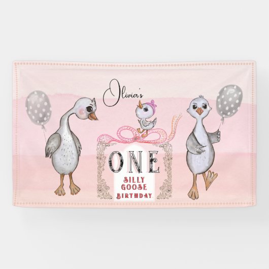 Gekke Gans Family Pink & Bow 1st Verjaardag Spandoek (Horizontaal)