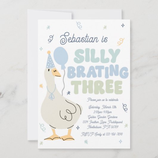 Gekke Gans Gekke-Brating Drie Verjaardagsfeest Kaart (Voorkant)