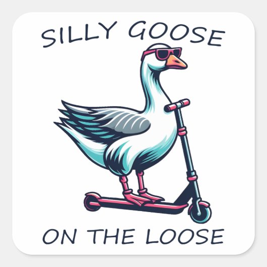 Gekke gans op de losse gans schaatsen op scooter vierkante sticker (Voorkant)