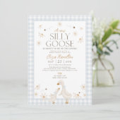 Gekke gans op het losse Baby shower Blue Gingham Kaart (Staand voorkant)