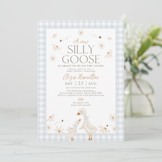 Gekke gans op het losse Baby shower Blue Gingham Kaart (Staand voorkant)