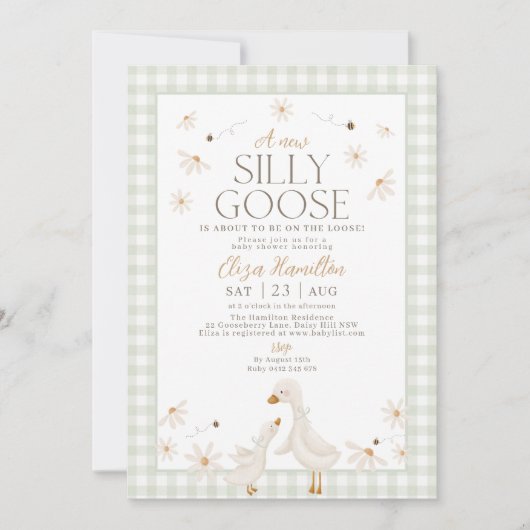 Gekke gans op het losse Baby shower Sage Gingham Kaart (Voorkant)