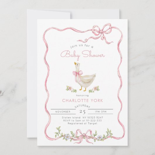 Gekke Gans Roze Bloemen Bow Baby meisje douche Kaart (Voorkant)