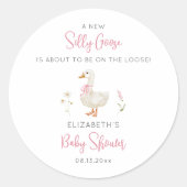 Gekke Gans Roze Bow Wildflower Meisje Baby shower Ronde Sticker (Voorkant)