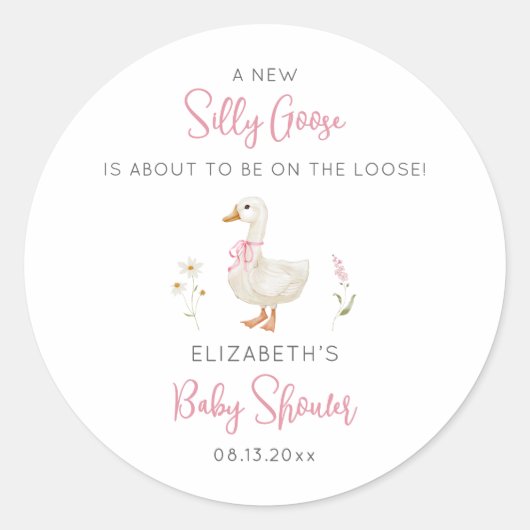 Gekke Gans Roze Bow Wildflower Meisje Baby shower Ronde Sticker (Voorkant)