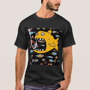 gekke gele vis in zwarte oceaan met kleine visjes t-shirt