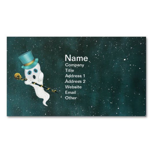 Gekke Ghost in Night Sky Top Hoed  Skull Cane Magnetisch Visitekaartje (Voorkant)