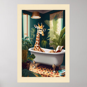 Gekke Giraf in badkuip Aquarelprint Poster