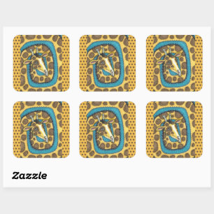 GEKKE GIRAFFE LONG NECK EN SPOTS, FUNNY FOLK ART VIERKANTE STICKER
