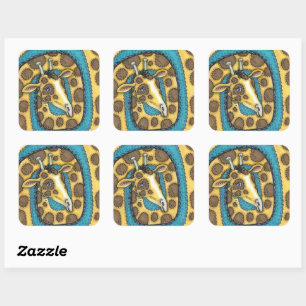GEKKE GIRAFFE LONG NECK EN SPOTS, FUNNY FOLK ART VIERKANTE STICKER