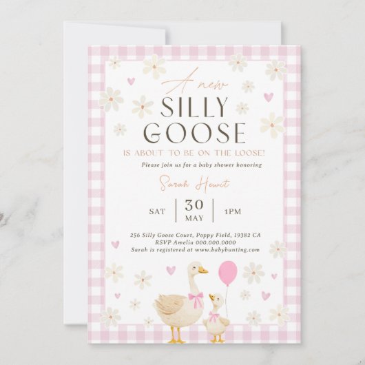 Gekke Goose Baby shower Pink Gingham Uitnodiging (Voorkant)