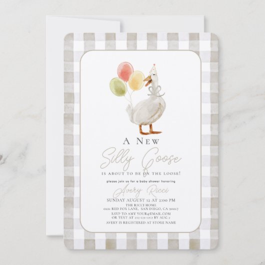 Gekke Goose Beige Gingham Baby shower Kaart (Voorkant)