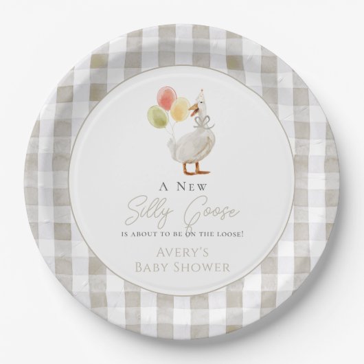 Gekke Goose Beige Gingham Baby shower Papieren Bordje (Voorkant)