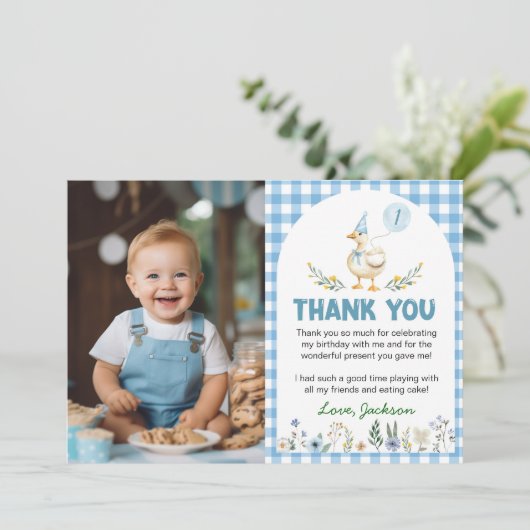 Gekke Goose Blue Balloon Verjaardagsfoto Bedankkaart (Staand voorkant)