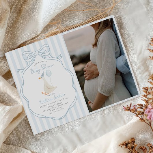 Gekke Goose Blue Bow Boy Baby shower Foto Kaart