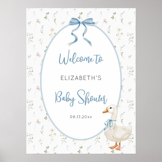 Gekke Goose Blue Bow Floral Baby shower Welkom Poster (Voorkant)