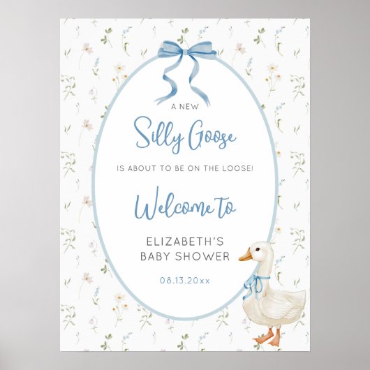 Gekke Goose Blue Bow Floral Baby shower Welkom Poster (Voorkant)