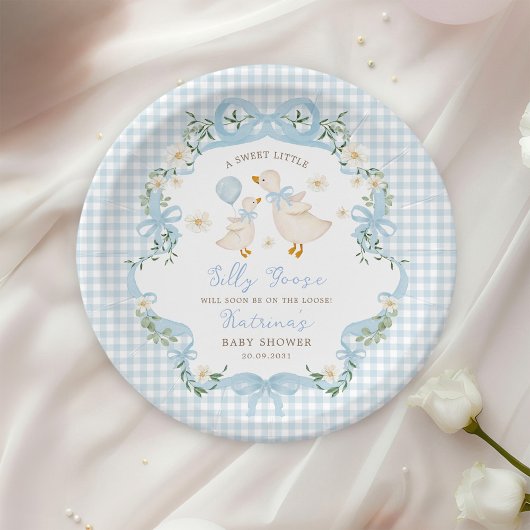 Gekke Goose Blue Bow Gingham Boy Baby shower Papieren Bordje