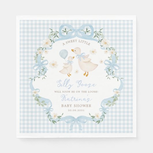 Gekke Goose Blue Bow Gingham Boy Baby shower Servet (Voorkant)