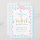 Gekke Goose Blue Gingham Bow Duck Baby shower Kaart (Voorkant)