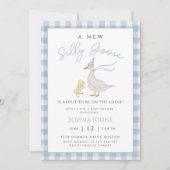Gekke Goose Blue Gingham Bow Duck Boy Baby shower Kaart (Voorkant)