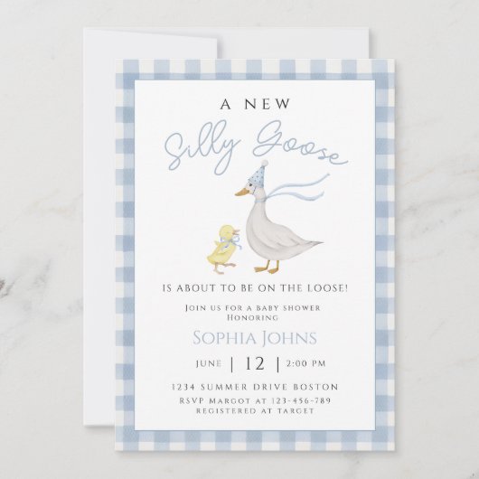 Gekke Goose Blue Gingham Bow Duck Boy Baby shower Kaart (Voorkant)