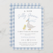 Gekke Goose Blue Gingham Bow Duck Boy Baby shower Kaart (Voorkant / Achterkant)