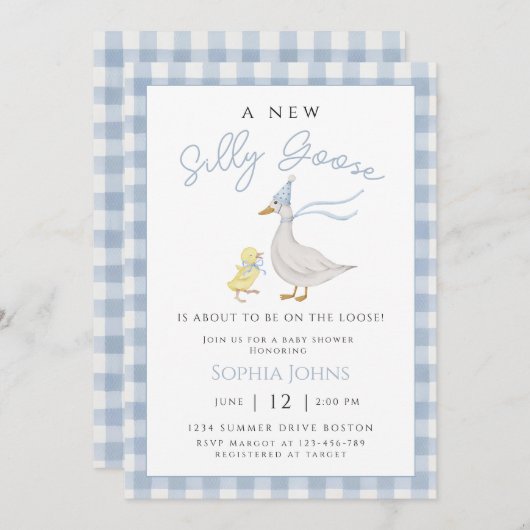 Gekke Goose Blue Gingham Bow Duck Boy Baby shower Kaart (Voorkant / Achterkant)