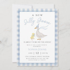 Gekke Goose Blue Gingham Bow Duck Boy Baby shower Kaart