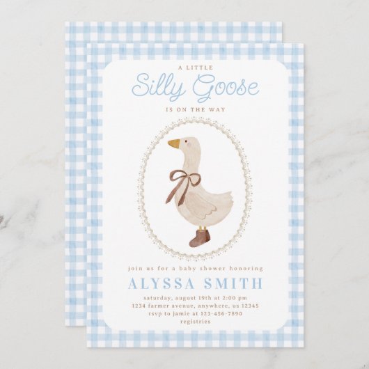 Gekke Goose Blue Gingham Boy Baby shower Kaart (Voorkant / Achterkant)