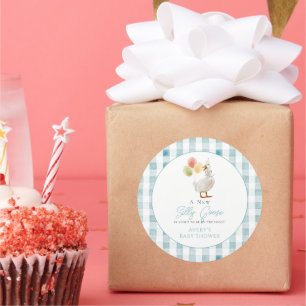 Gekke Goose Blue Gingham Boy Baby shower Ronde Sticker