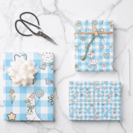 Gekke Goose Blue Gingham Verjaardag Inpakpapier Vel
