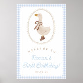 Gekke Goose Blue Gingham Verjaardag Welkomstbord Poster (Voorkant)