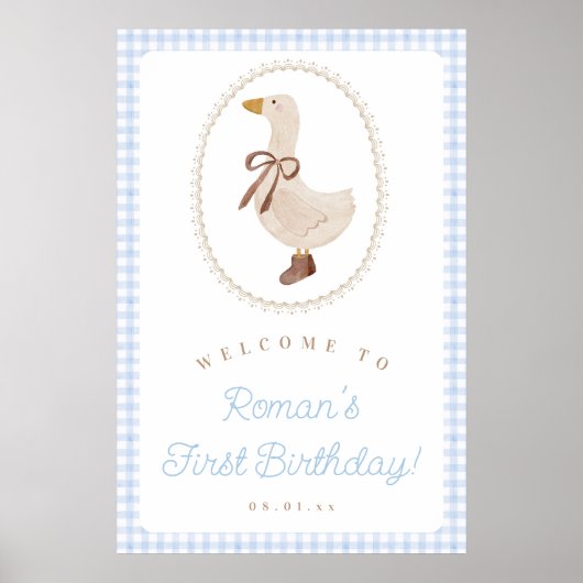 Gekke Goose Blue Gingham Verjaardag Welkomstbord Poster (Voorkant)