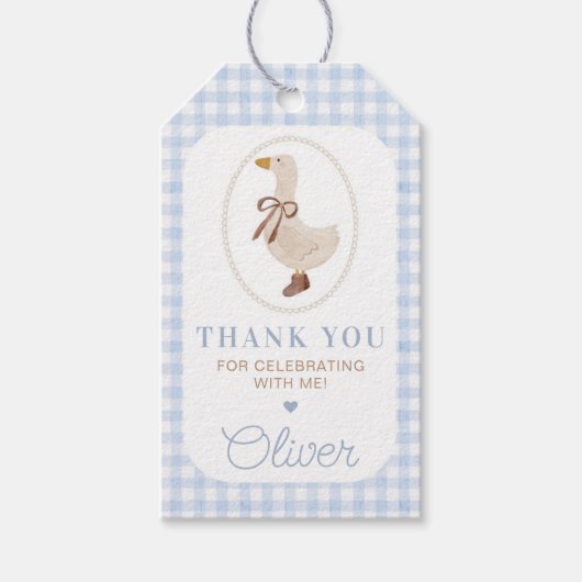 Gekke Goose Blue Gingham verjaardagsfeestje Cadeaulabel (Voorkant)