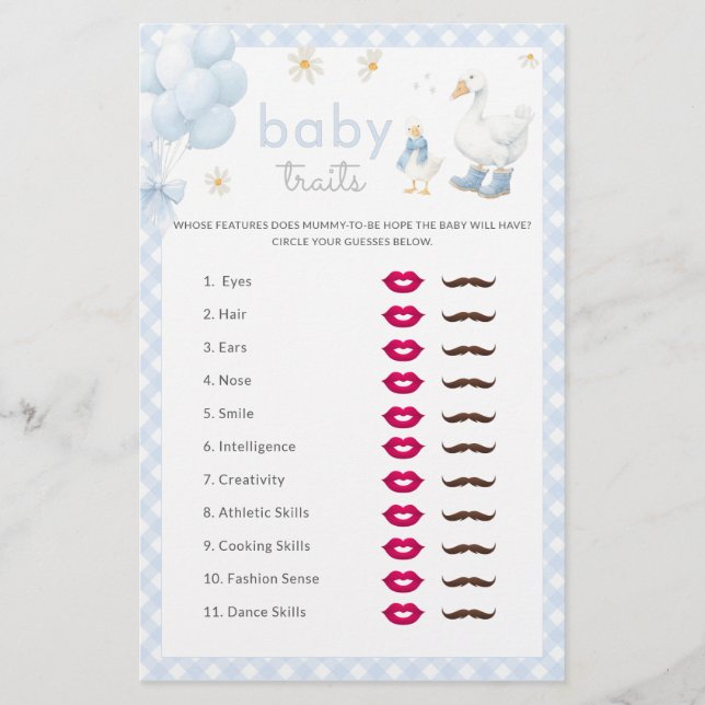Gekke Goose Boy Baby Traits Baby shower spel (Voorkant)