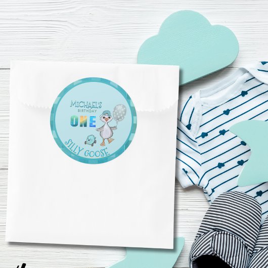 Gekke Goose Boy's Blue Plaid Verjaardag Ronde Sticker