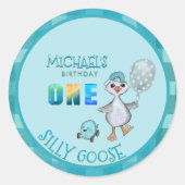 Gekke Goose Boy's Blue Plaid Verjaardag Ronde Sticker (Voorkant)