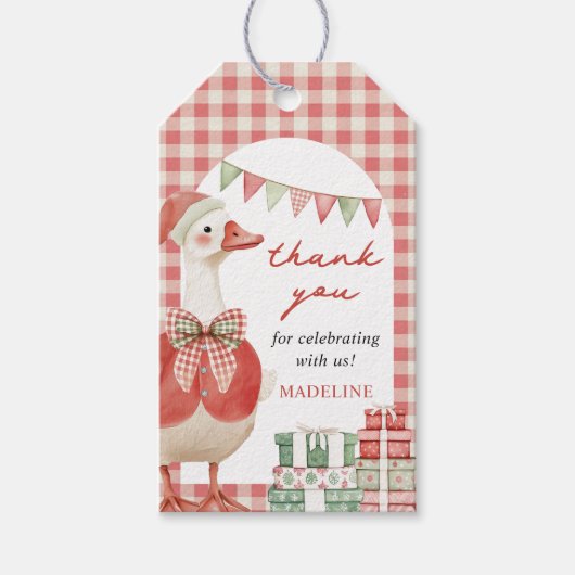 Gekke Goose Christmas Gingham 1st Birthday Cadeaulabel (Voorkant)