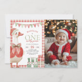 Gekke Goose Christmas Gingham 1st Birthday Foto Kaart (Voorkant)