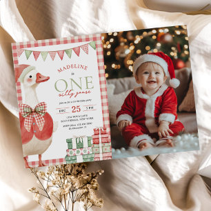 Gekke Goose Christmas Gingham 1st Birthday Foto Kaart