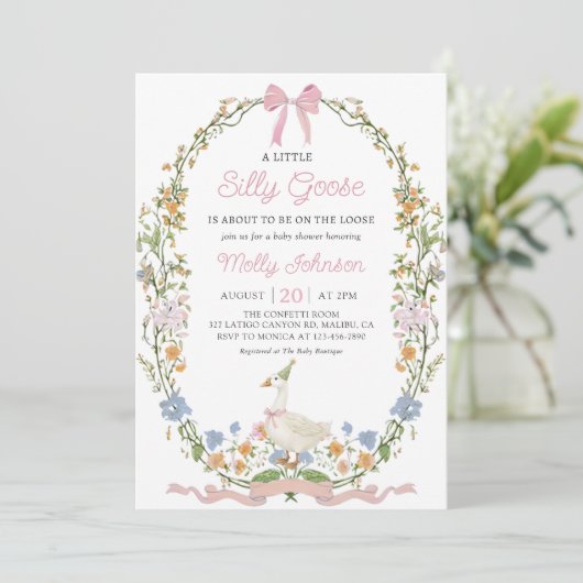 Gekke Goose Floral Baby shower Uitnodiging (Staand voorkant)