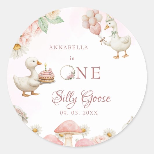 Gekke Goose Flower Garden Mushroom 1e verjaardag Ronde Sticker (Voorkant)