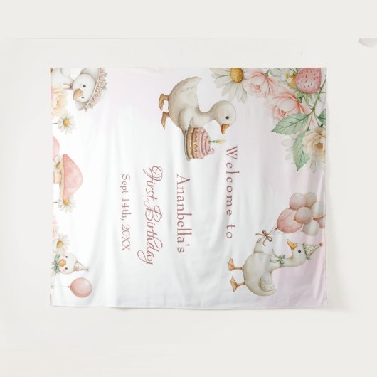 Gekke Goose Garden Mushroom Verjaardag welkom Wandkleed (Voorkant (horizontaal))