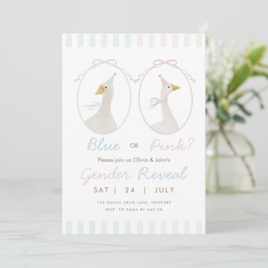 Gekke Goose Gender Reveal Invitation Kaart (Staand voorkant)