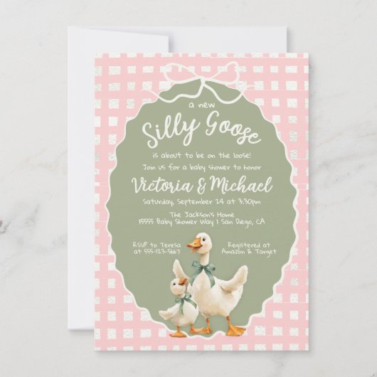 Gekke Goose Gingham Bow Baby shower Kaart (Voorkant)