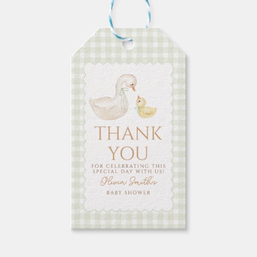 Gekke Goose Gingham Duck Dank u baby shower Cadeaulabel (Voorkant)